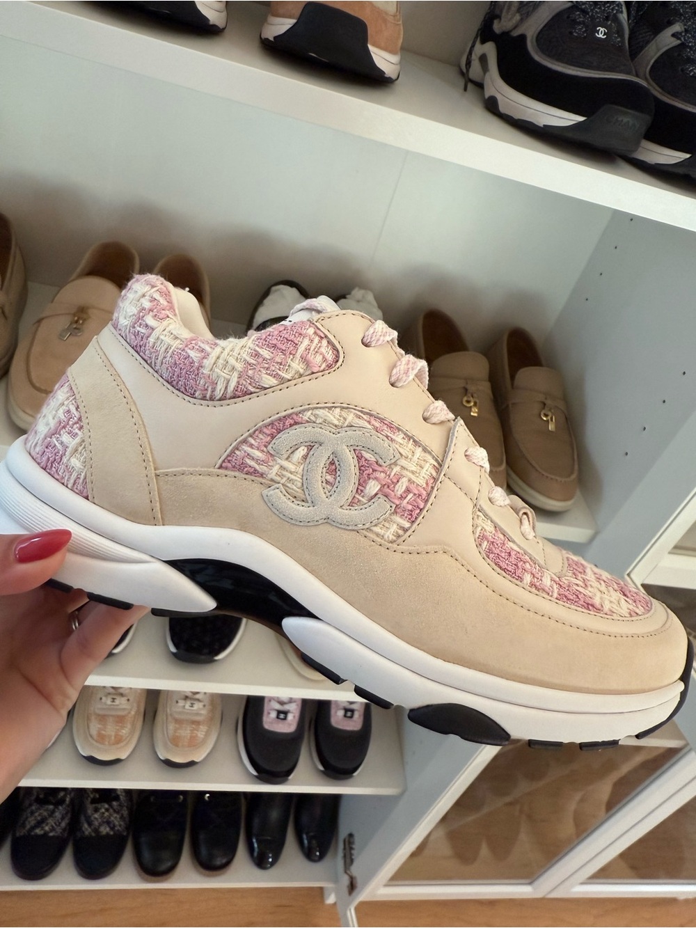 CHANEL Beige Suede & Pink Tweed Women's Sneakers